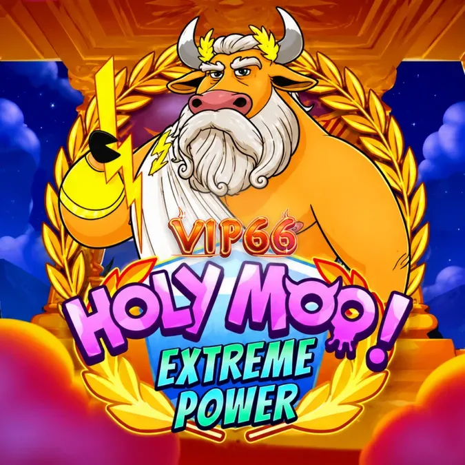 Giao diện trò chơi slot Holy Moo! Extreme Power với lưới 6x6 và các biểu tượng thần thoại bò tót.